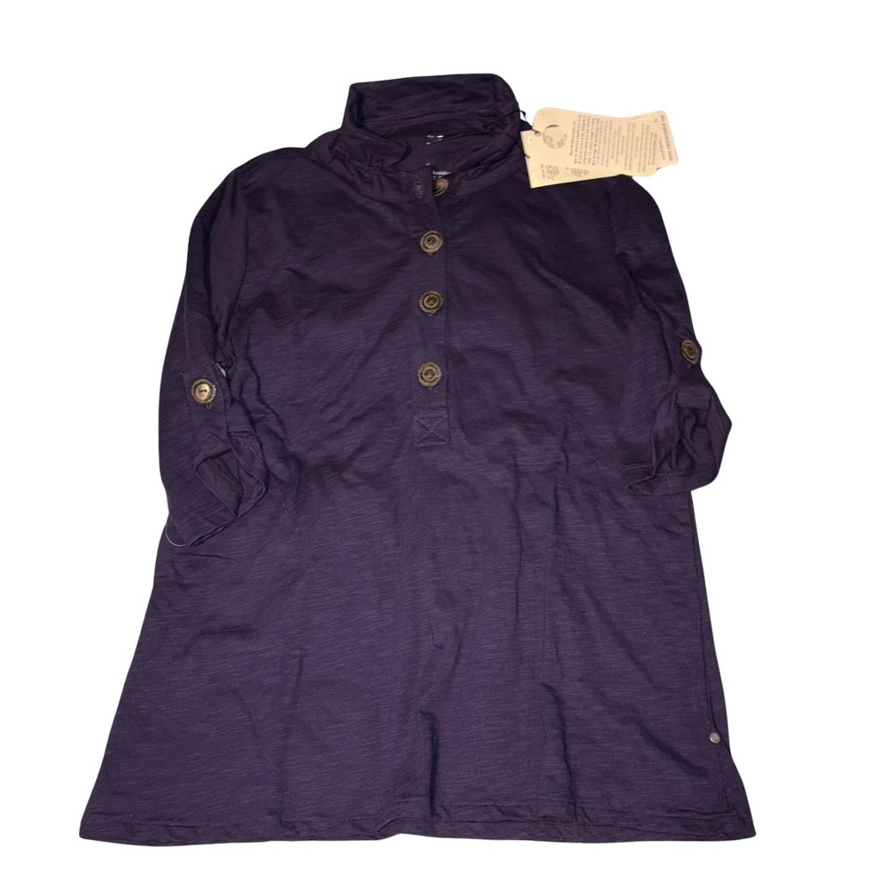 Neon Buddha Purple Tunic with Stand-Up Collar, Button Detail and Pockets…